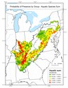 As a first step toward a predictive model of hotspots of species richness based on the predictive variables outlined above, the probabilities of each group within each grid cell were summed (excluding fish which do not occur at all in the Central Appalachians, making predictions impossible). The probabilities were summed to indicate locations that have one or more of the species groupings. Higher values indicate that more species are likely to be found. 

The map of predicted aquatic species richness has broader swaths of species richness,
especially in the Interior Low Plateau.