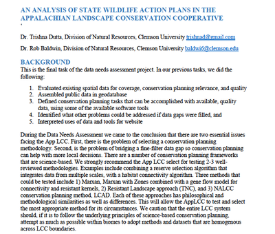 An Analysis of State Wildlife Action Plans  in the Appalachian LCC